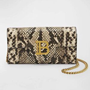 Balmain B-Buzz Snakeskin-Embossed Leather Gold Chain Clutch Wallet (MSRP $1,095)